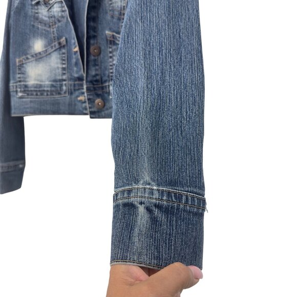 Xhilaration Womens Cropped Denim Jacket SZ XL Blue Button Front Distressed Style - Picture 8 of 15